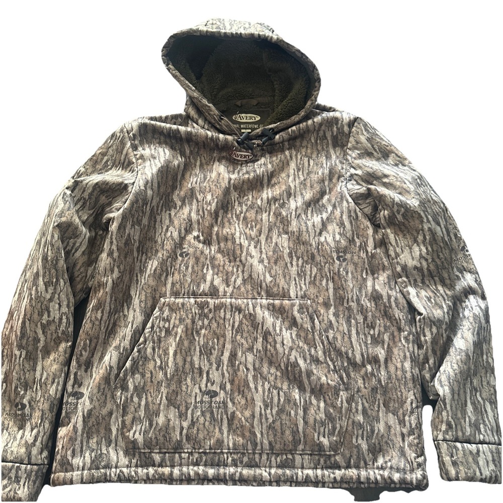 Avery Hoodie Mens Large Brown Camo Mossy Oak Bottomland Hunting Fleece Pullover